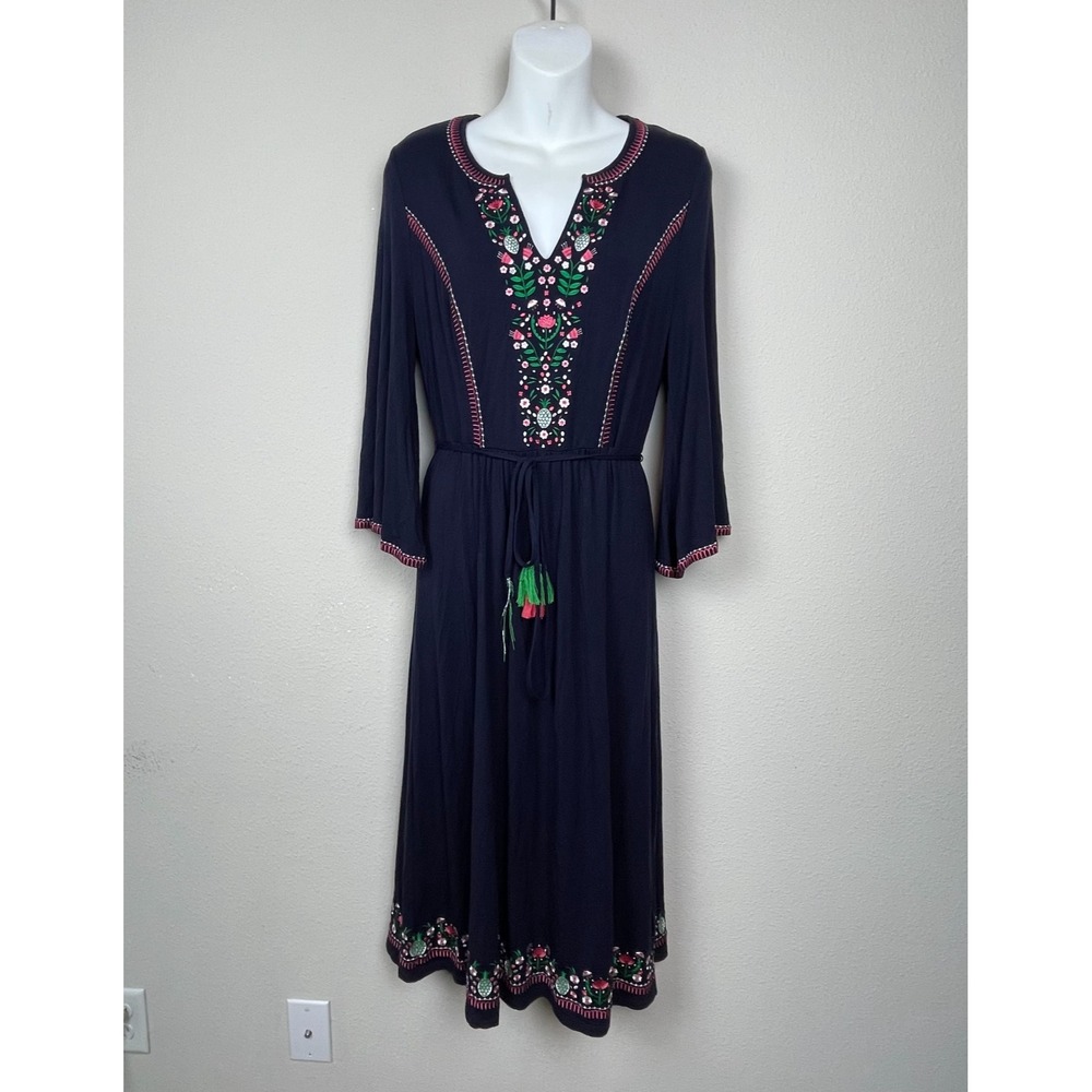 Boden Fit Flare Dress Women's Sz 6R Blue Embroidered Floral Pineapple Belted